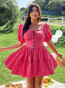 Celure Retro Plaid Puff Sleeve Elastic Waist Midi Dress, Spring/Summer