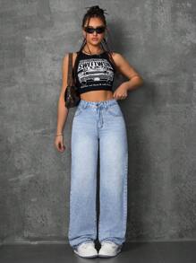 SHEIN Tall Women Mid-Rise Straight Leg Washed Casual Jeans - Light Wash - View 4