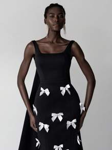 Elitara 优雅华丽的黑白对比弹力针织手工蝴蝶结水晶水滴装饰宽肩带胸杯性感露背丝带可拆卸拖尾适合约会、单身派对、正式场合、舞会、鸡尾酒会、晚礼服（做工精细）、派对礼服、礼服、晚会、婚礼宾客 - 黑色 - 查看 3