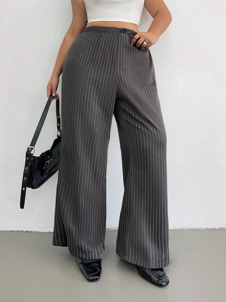 Flirla Damen Große Größen vertikale gestreifte Hose mit Taillenbund und Glockenform, elegante graue Vintage-Hose mit Passform