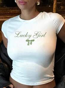 Flirla Slim Fit Short Sleeve T-Shirt With Letter And Bow-Knot Print