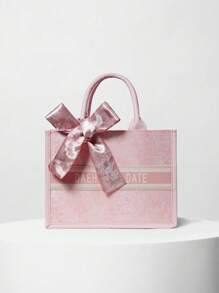 1 Túi Tote Thời Trang Cho Nữ (11in*7.9in*3.9in), Sức Chứa Lớn, Hình Vuông, Nhẹ, Trang Trí Khăn Lụa Tinh Tế, Chất Liệu Chống Xước, Thích Hợp Cho Mua Sắm, Hẹn Hò, Tụ Tập, Đi Làm, Túi Tote Nữ Màu Hồng Xám Đơn Giản Và Thanh Lịch Có Họa Tiết Chữ, Ví Nơ Cho Nữ Quà Tặng Giáng Sinh Mùa Đông - Hồng - Xem 1