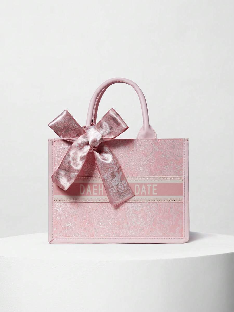1 Túi Tote Thời Trang Cho Nữ (11in*7.9in*3.9in), Sức Chứa Lớn, Hình Vuông, Nhẹ, Trang Trí Khăn Lụa Tinh Tế, Chất Liệu Chống Xước, Thích Hợp Cho Mua Sắm, Hẹn Hò, Tụ Tập, Đi Làm, Túi Tote Nữ Màu Hồng Xám Đơn Giản Và Thanh Lịch Có Họa Tiết Chữ, Ví Nơ Cho Nữ Quà Tặng Giáng Sinh Mùa Đông - Hồng - Xem 1