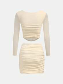 SHEIN Girlism Teen Girl 2pcs Set: Plain Mesh Ruched Square Neck Long Sleeve Top And Skirt - Apricot - View 2