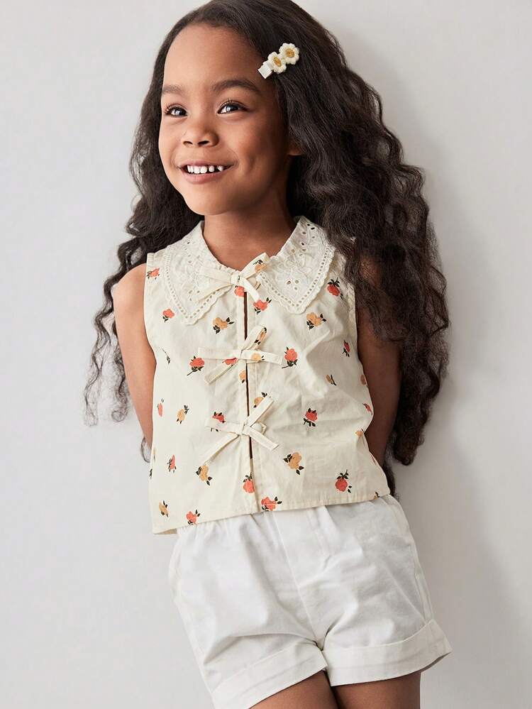 Spring/Summer Young Girl Vintage Ditsy Floral Embroidery Decoration Loose Casual Cute Collared Bow Button Sleeveless Top For Outing, Home, School Return, Vacation