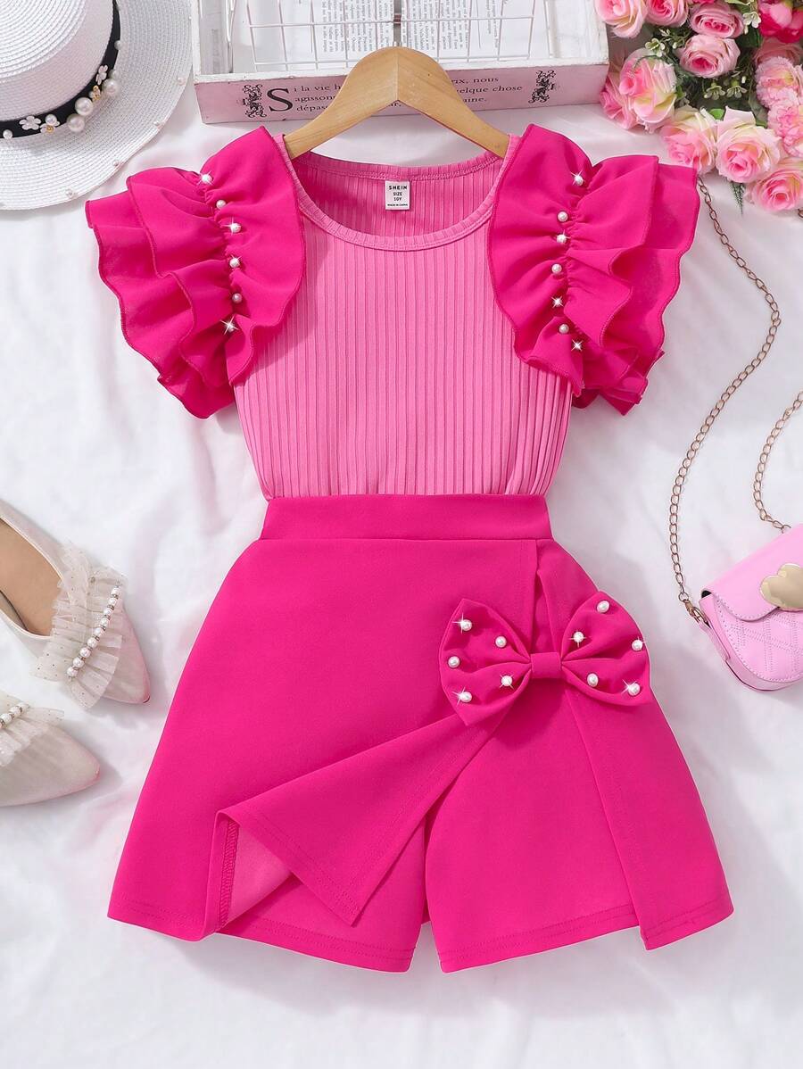 2pcs/Set Tween Girls Ribbed Pearl Ruffle Trim Camisole Top And Solid Bow Skirt Shorts Set, Summer Casual Set Outfit For Girls Summer Holiday