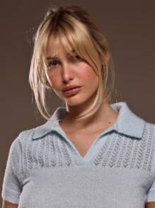 MUSERA 长款针织钩编翻领短袖开襟高领上衣 春季可爱 Y2K 休闲可爱 90 年代阳光时尚 - 藍色 - 查看 4