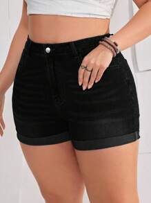 EMERY ROSE Plus Size Women Pocket Cuffed Washed Denim Shorts - Black - View 3