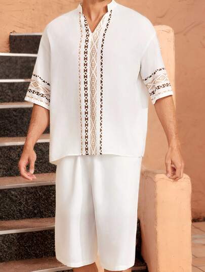 Manfinity VCAY Conjunto de 2 piezas para hombre: Camiseta de manga corta casual y holgada + Pantalón corto recto con cintura elástica