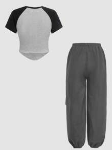 SHEIN Girlism 2 件套青少年女孩针织拼色字母印花 T 恤和纯色弹性袖口裤子，休闲装