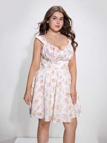 SHEIN MOD Váy xòe viền nhún eo in hoa cỡ lớn phía trước - Nhiều màu - Xem 4