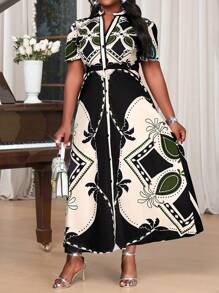 SHEIN Lady Spring And Summer Casual Elegant Boho Black  Woven Shirt Collar Flared Button Long  Short Sleeve Plus Size Dresses Vacation Outfits Woman Beach Outfits For Woman Vacation Vacation Outfits Women Beach Vacation Outfits Beach Wedding Guest Dress Sundress Church Clothes Women Spring Outfits For Women - Multicolor - View 5