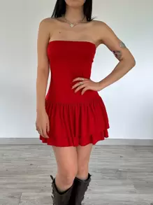 Women's Solid Color Ruffled Hem Strapless Fashion Dress