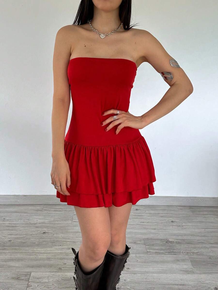 Women's Solid Color Ruffled Hem Strapless Fashion Dress