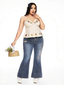 ROMWE Fairycore Retro Casual Vacation Floral Embroidery Beaded Strap Loose Hem Women Tank Top - Beige - View 9