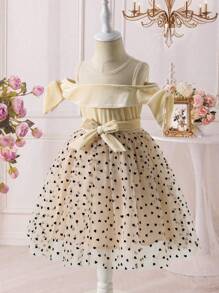 SHEIN Knitted Open Shoulder Patchwork Flocked Heart Net Mesh Snug Fit Dress For Young Girls - Apricot - View 6