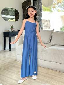 2 件 Tween 女童牛仔效果纹理蓝色短袖衬衫和宽松字母装饰连体裤