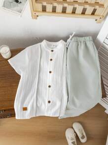 SHEIN Leap Crew 2pcs/Set Young Boys Casual Minimalist Short Sleeve Top & Pants - White - View 5