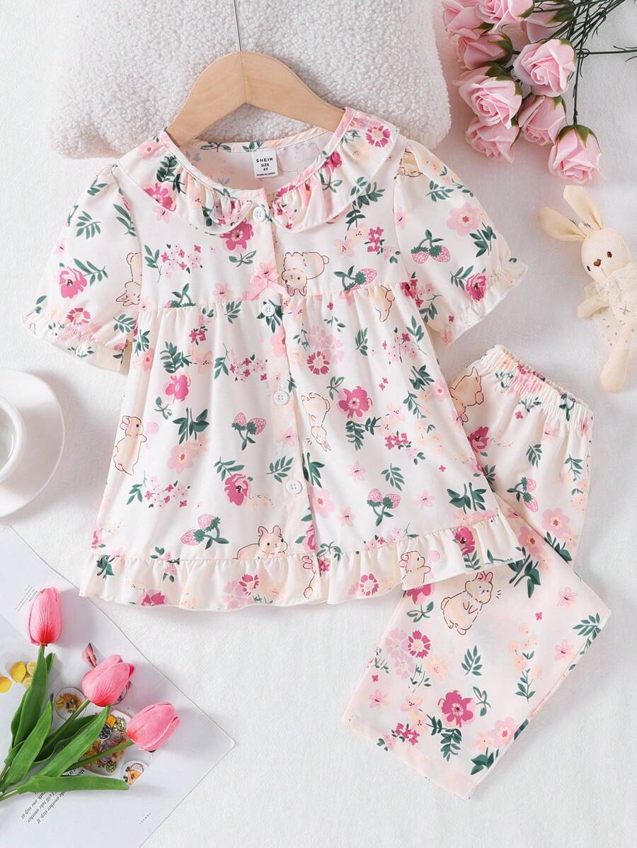 2pcs Young Girl Casual Home Set, Blush Bunny & Floral Print Ruffled Top & Pants - Multicolor - View 1