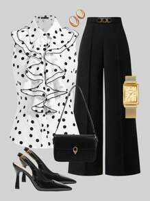 Ellevyn Classic Ruffle Collar Black & White Polka Dot Sleeveless Elegant Blouse, Everyday Wear For Spring & Summer - Black and White - View 1