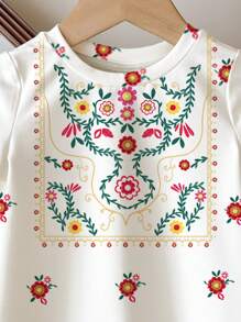 SHEIN Babymeisjes zoete strik en ditsy bloemen casual minimalistische korte mouw ronde hals blouse, veelzijdig voor de zomer, vakantie bijeenkomsten