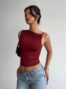 Aloruh 女士性感优雅圆领褶皱酒红色露脐无袖背心，夏季红色上衣，适合毕业季、教师节、返校季等场合。 - 酒紅色 - 查看 3