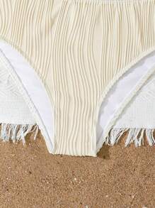 Teen Girl Apricot Textured Bikini Swimsuit Set,U-Neck Design - Apricot - View 4