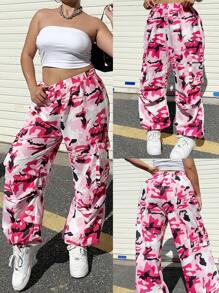POPSWAY Pantalones cargo de camuflaje holgados y casuales para mujer de talla grande