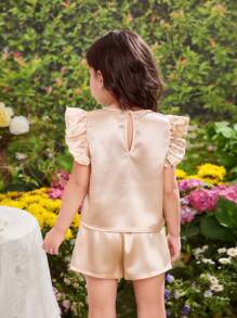 Conjunto de 2 piezas para niña: Top sin mangas de cuello redondo de tejido sólido y pantalones cortos ajustados de tejido - Albaricoque - Ver 2