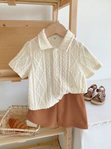 SHEIN LMoss Kids LMoss Babyboy & Babygirl Solid Color Knit Jacquard Short Sleeve Polo Collar Top And Elastic Waist Plain Shorts Set, Summer - Brown - View 1
