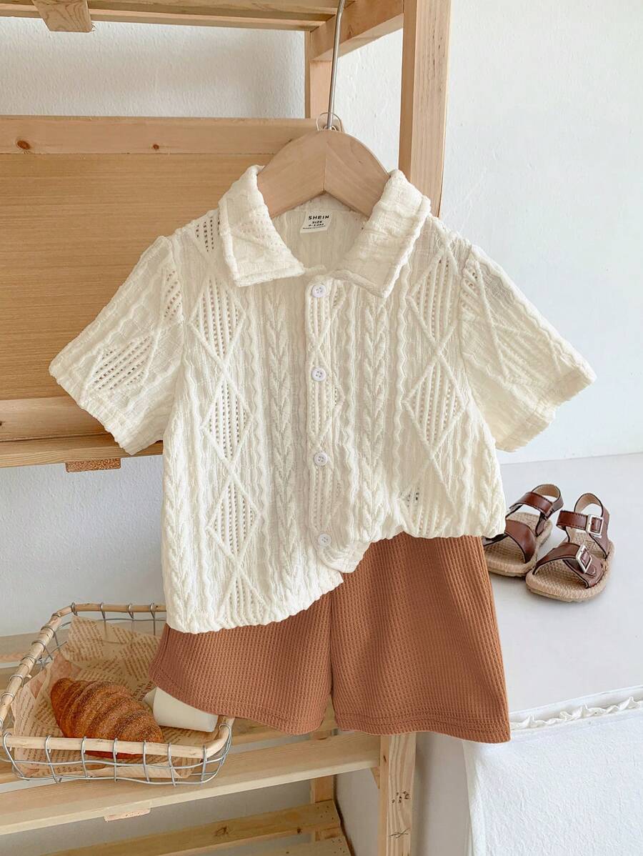 SHEIN LMoss Kids LMoss Babyboy & Babygirl Solid Color Knit Jacquard Short Sleeve Polo Collar Top And Elastic Waist Plain Shorts Set, Summer - Brown - View 1