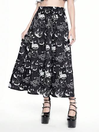 Goth Cute Casual Allover Print Cat Pattern Flared Midi Skirt