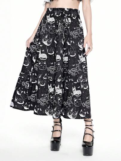 Goth Jolie jupe mi-longue évasée imprimée tout-sur-tout de motifs de chats, style décontracté