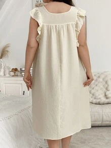 SHEIN Đầm suông rộng rãi màu trơn viền bèo cỡ lớn thường ngày - Màu be - Xem 2