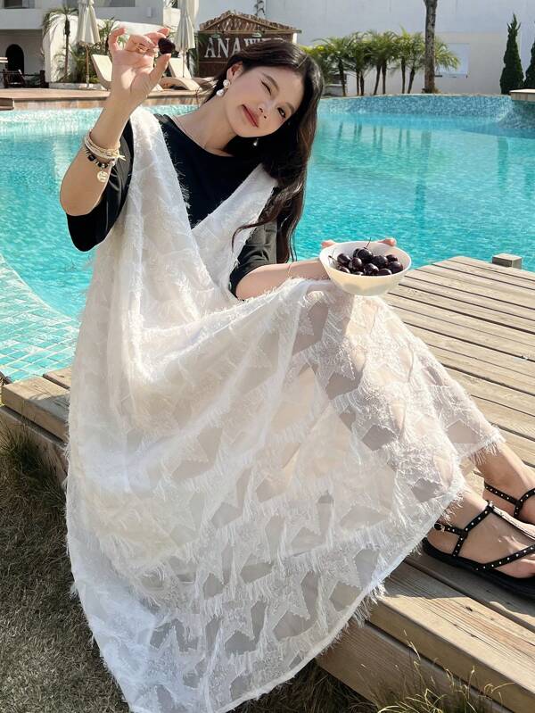 DAZY Đầm ngắn tay 2 trong 1 phối màu lông vũ cho nữ, đầm mùa hè, đầm thường ngày cho nữ đi nghỉ mát