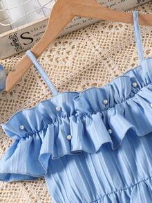 SHEIN Tween Girls' Casual Woven Ruffle Off Shoulder Adjustable Simple Dress, Spring/Summer - Baby Blue - View 3