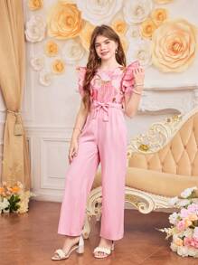 Bộ đồ liền thân tay ngắn có khóa kéo phía trước họa tiết hoa jacquard thanh lịch cho bé gái tuổi mới lớn có thắt lưng, mùa xuân/hè - Hồng - Xem 5