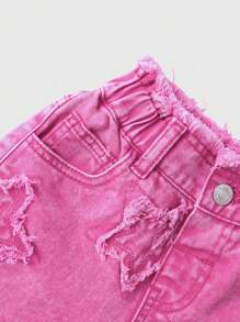 Girls Star Embroidered Distressed Light Pink Denim Shorts - Pink - View 4