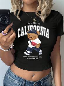 SHEIN EZwear 休闲简约加州学院风熊图案圆领短袖短款紧身女式 T 恤