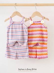 Cozy Pixies 4-Piece Set: Baby Girl Colorful Striped Knit Soft Camisole Top And Elastic Waist Shorts