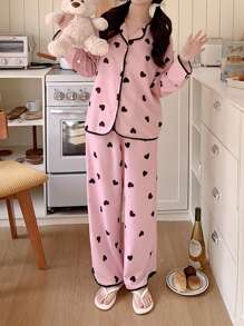 SHEIN 2 pièces Ensemble de pyjama de détente et confortable, Top à manches longues à ouverture avant avec imprimé cœur minimaliste et doux, et pantalon droit pour adolescentes