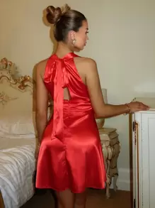 Glamine Women's Elegant Red Satin Silk Dress,Summer Backless Tied Solid ...