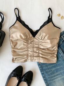 Comfortcana 女士性感蕾丝边褶饰吊带背心 - 香檳色 - 查看 3