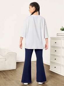 SHEIN Teen Girl Loose White Knitted Mid-Sleeve T-Shirt With Letter Print And Blue  Flared Pants Sports Casual 2pcs Set