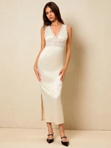 Poéselle Champagne French Lace V Neck Strap Elegant Dress, Waist Elegant Long Dress, Holiday Dress Satin Texture, Acetate Dress Spring Dress, Easter Dress, Fairy Dress, Vintage Dress, Midi Dress For Women