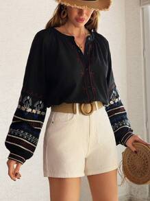 EURMUSE Pure Linen Boho Style, Embroidery Detailed Button Through Shirt - Black - View 5