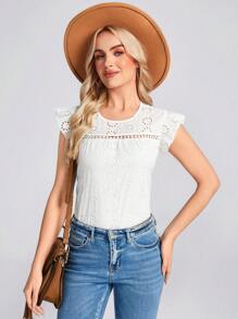 SHEIN LUNE Camisa romántica de vacaciones con mangas de volantes bordadas en blanco para mujer, primavera/verano
