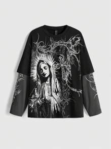 ROMWE Grunge Punk Áo thun rộng in hình Đức Mẹ Đồng Trinh Cybersigilism của Y3K Street - màu đen - Xem 1