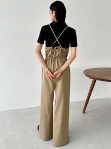 FRIFUL 1pc Women Casual Solid Color Drawstring Waist Jumpsuit For Women Lounge Sets For Women - Khaki - View 2