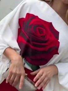 INAWLY 女士夏季花卉印花不对称领灯笼袖宽松时尚衬衫 - 白色 - 查看 3